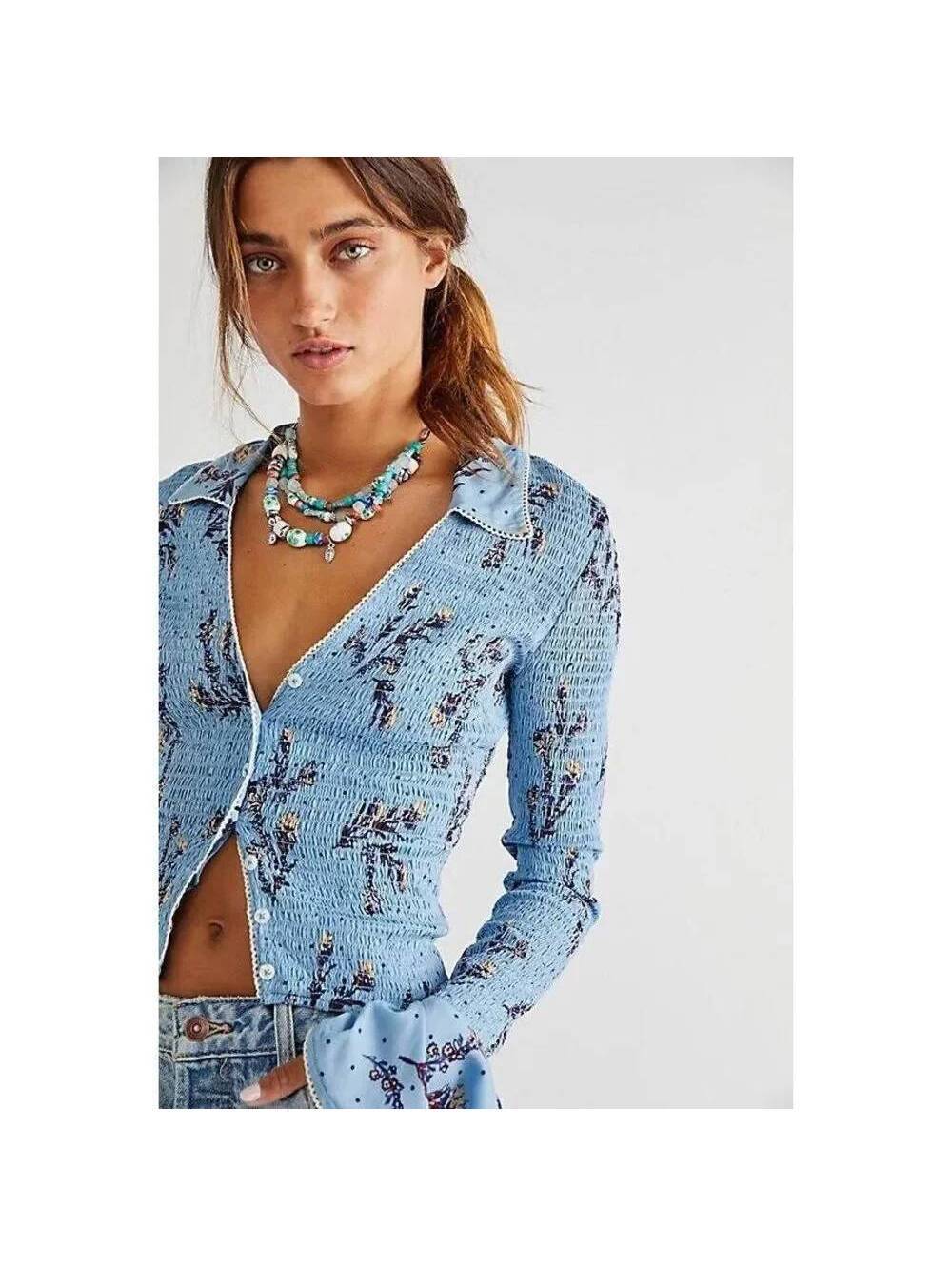 Free People Amelia Floral Printed Smocked Blouse Size S Boho
